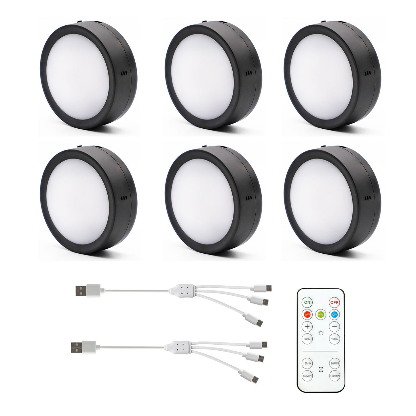 AIBOO Rechargeable Cabinet Lights, 6 Pack Puck Lights, 3 Colour, Remote, Black