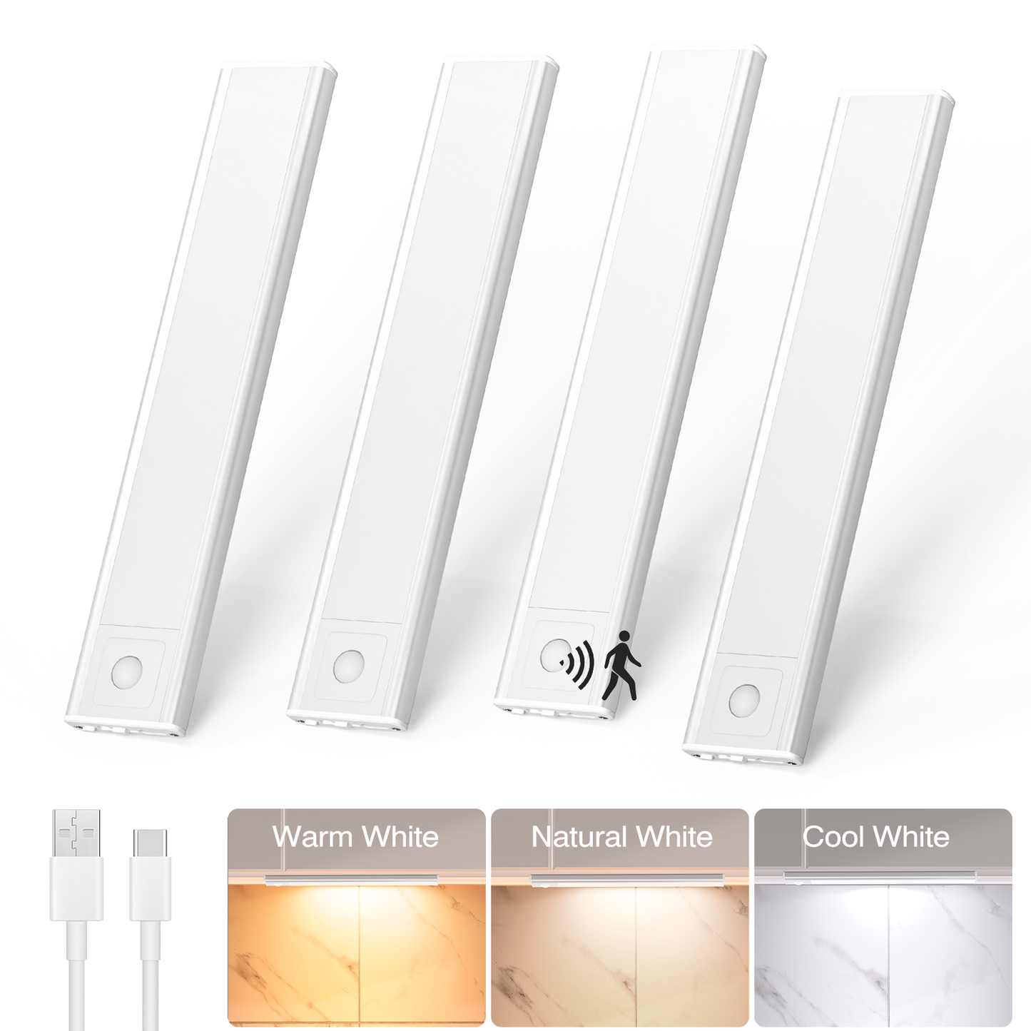 AIBOO Under Cabinet Lights, 4 Pack Rechargeable Motion Sensor Lights, 23.3 cm Magnetic LED Cupboard Lights, 3 Colour Temperatures, Dimmable USB-C Lights for Kitchen Wardrobe Stairs