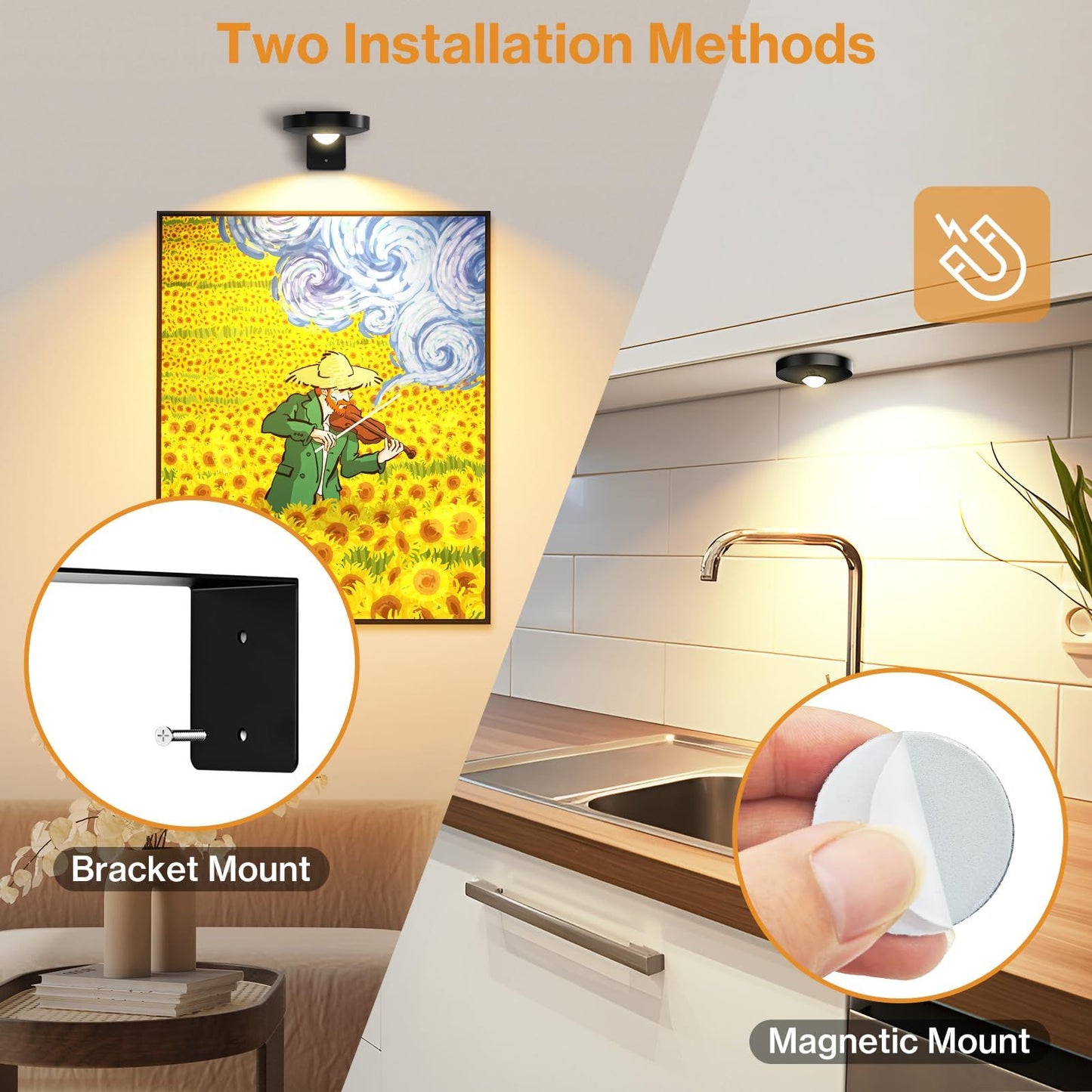 Rechargeable Picture Lights, 6 Pack Black Wireless Art Lights with Remote and Touch Control, 3 Colour Temperatures, Stepless Dimming, Magnetic Wall Lights for Paintings, Photos and Displays