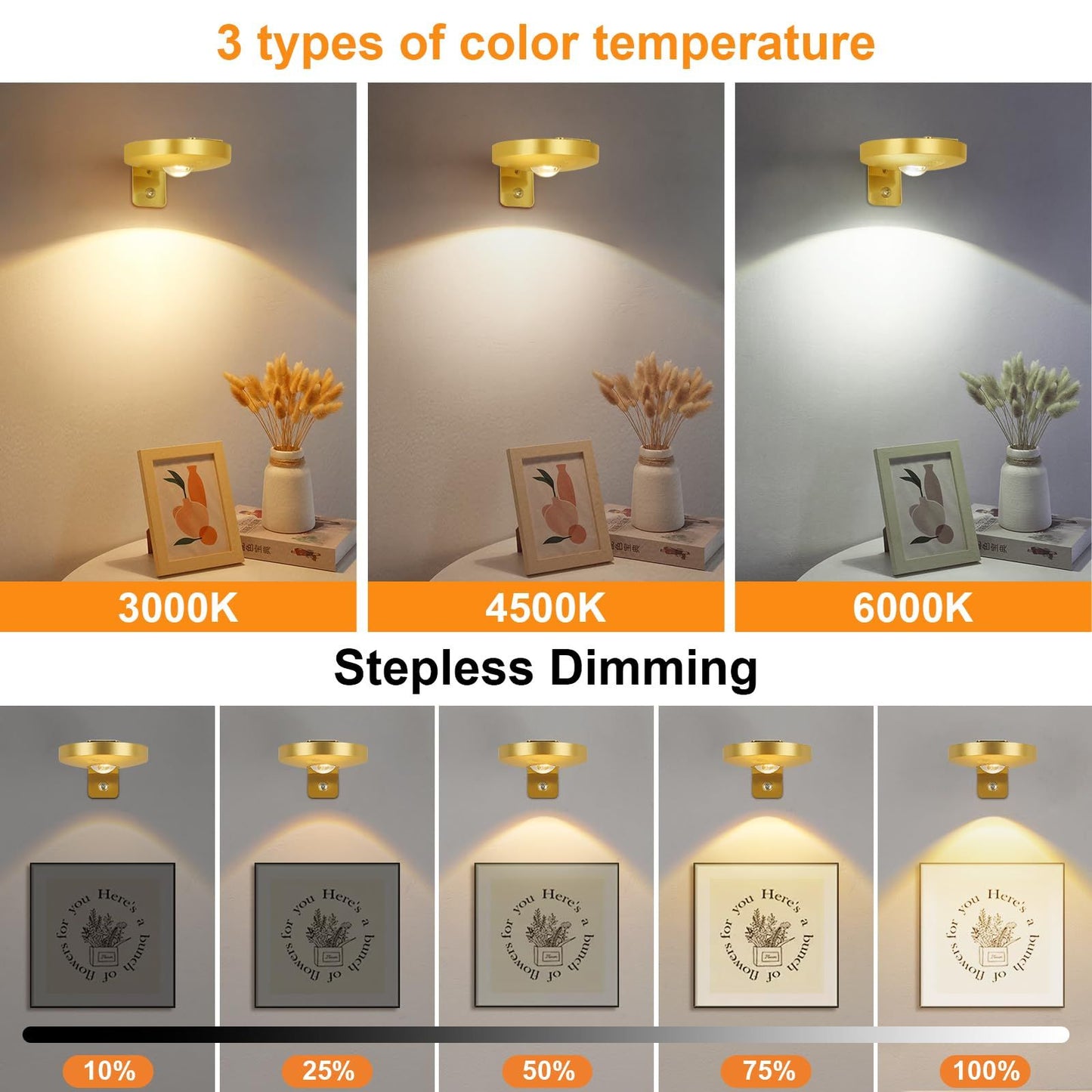 Rechargeable Picture Lights, 6 Pack Gold Wireless Art Lights with Remote and Touch Control, 3 Colour Temperatures, Stepless Dimming, Magnetic Wall Lights for Paintings, Photos and Displays