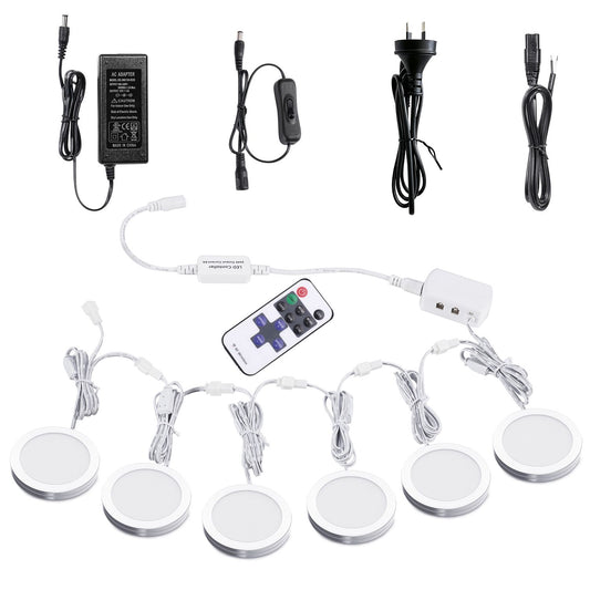 Linkable Under Cabinet LED Lighting 12V Dimmable Puck Lights with Wireless RF Remote Control, Hardwired & AU Wall Plug in for Counter Lighting(6 Lights, Natural White)