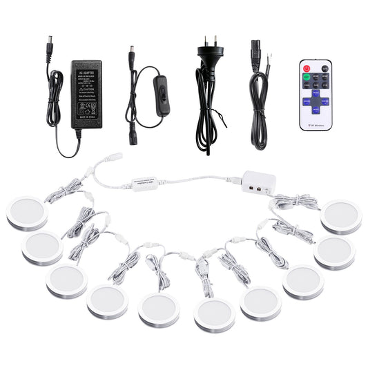 Linkable Under Cabinet LED Lighting 12V Dimmable Puck Lights with Wireless RF Remote Control, Hardwired & AU Wall Plug in for Furniture Cupboard Lighting(10 Lights, Natural White 4000K)