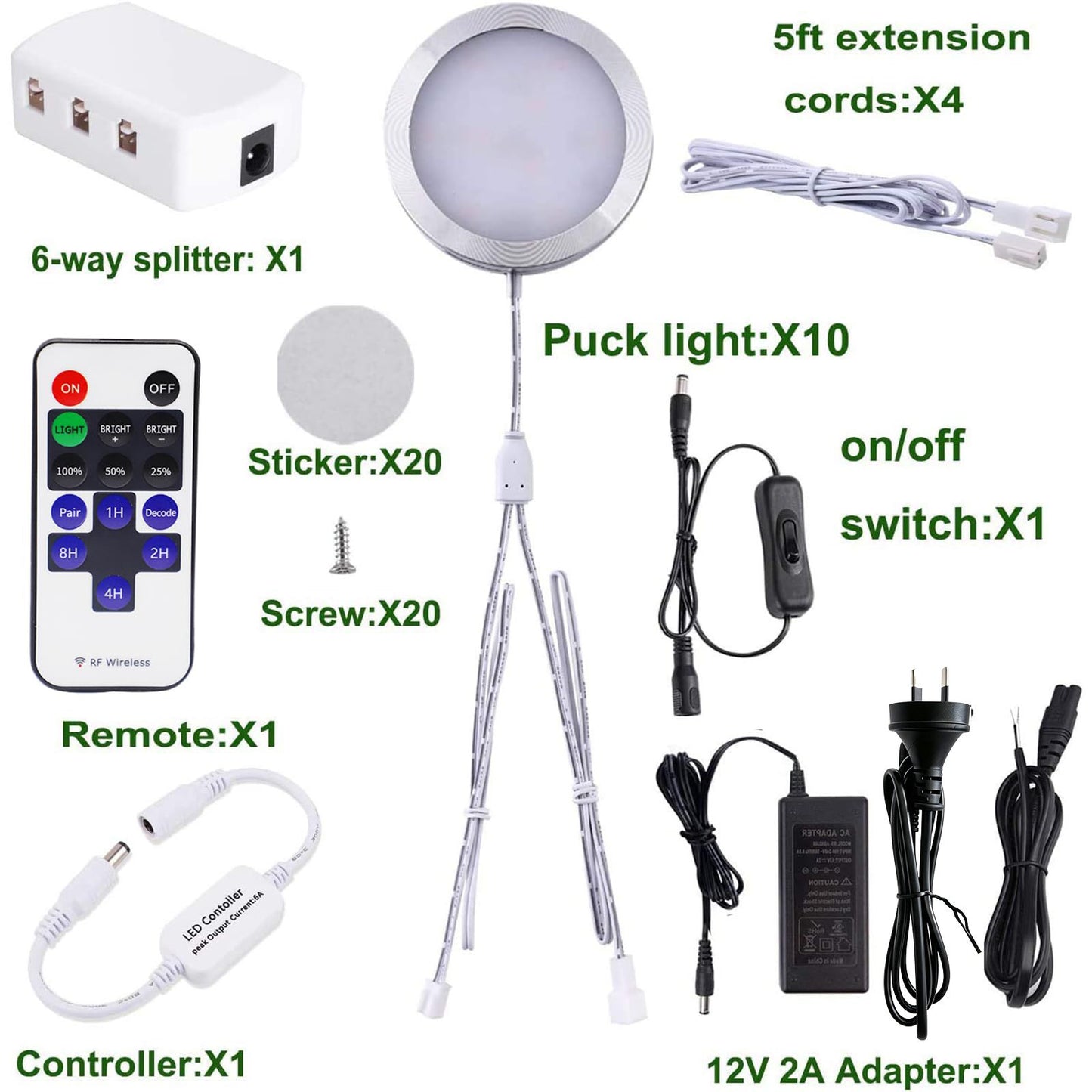 Linkable Under Cabinet LED Lighting 12V Dimmable Puck Lights with Wireless RF Remote Control, Hardwired & AU Wall Plug in for Furniture Cupboard Lighting(10 Lights, Natural White 4000K)