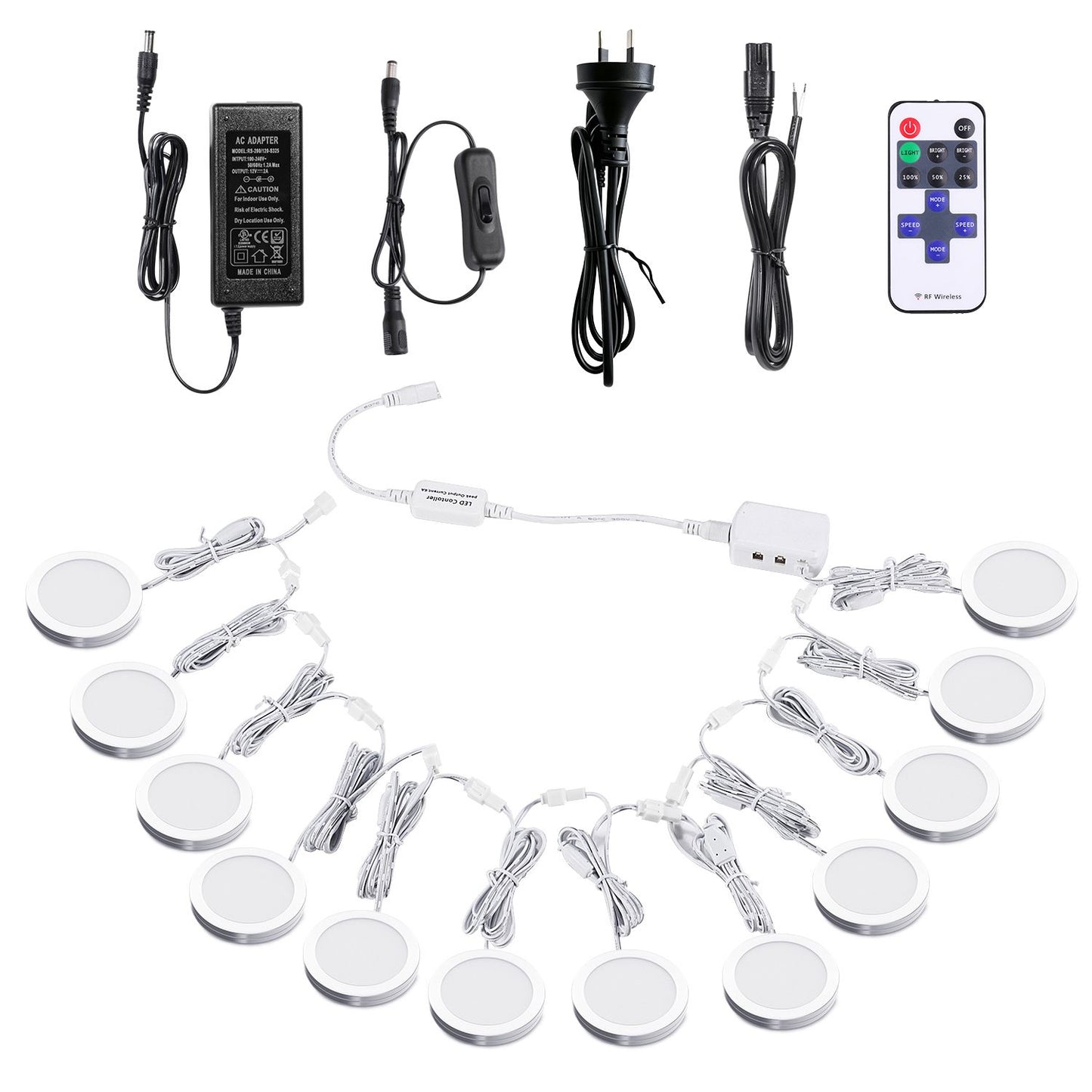 Linkable Under Cabinet LED Lighting 12V Dimmable Puck Lights with Wireless RF Remote Control, Hardwired & AU Wall Plug in for Kitchen Mood Lighting (4000K Natural White, 12 Lights Kit)