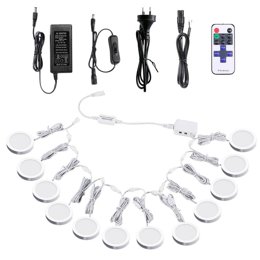 Linkable Under Cabinet LED Lighting 12V Dimmable Puck Lights with Wireless RF Remote Control, Hardwired & AU Wall Plug in for Kitchen Mood Lighting (4000K Natural White, 12 Lights Kit)