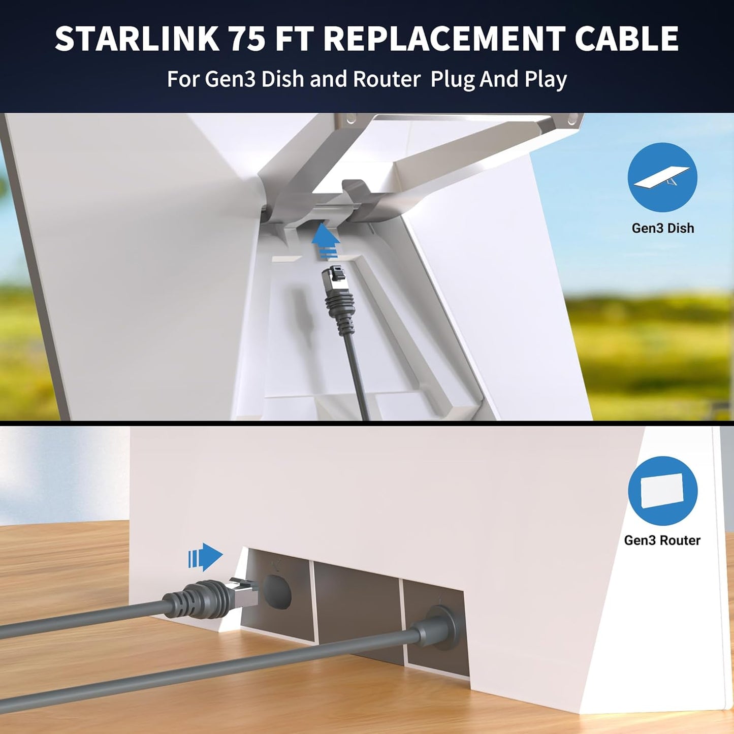 Starlink Cable Gen 3 75FT Waterproof (75FT / 23M), Grey