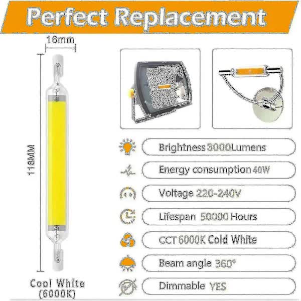 R7s LED Bulb 20W 118mm 3000lm Cool White 6000K, Dimmable 360 Degree Linear, Compatible with J118 400W Halogen