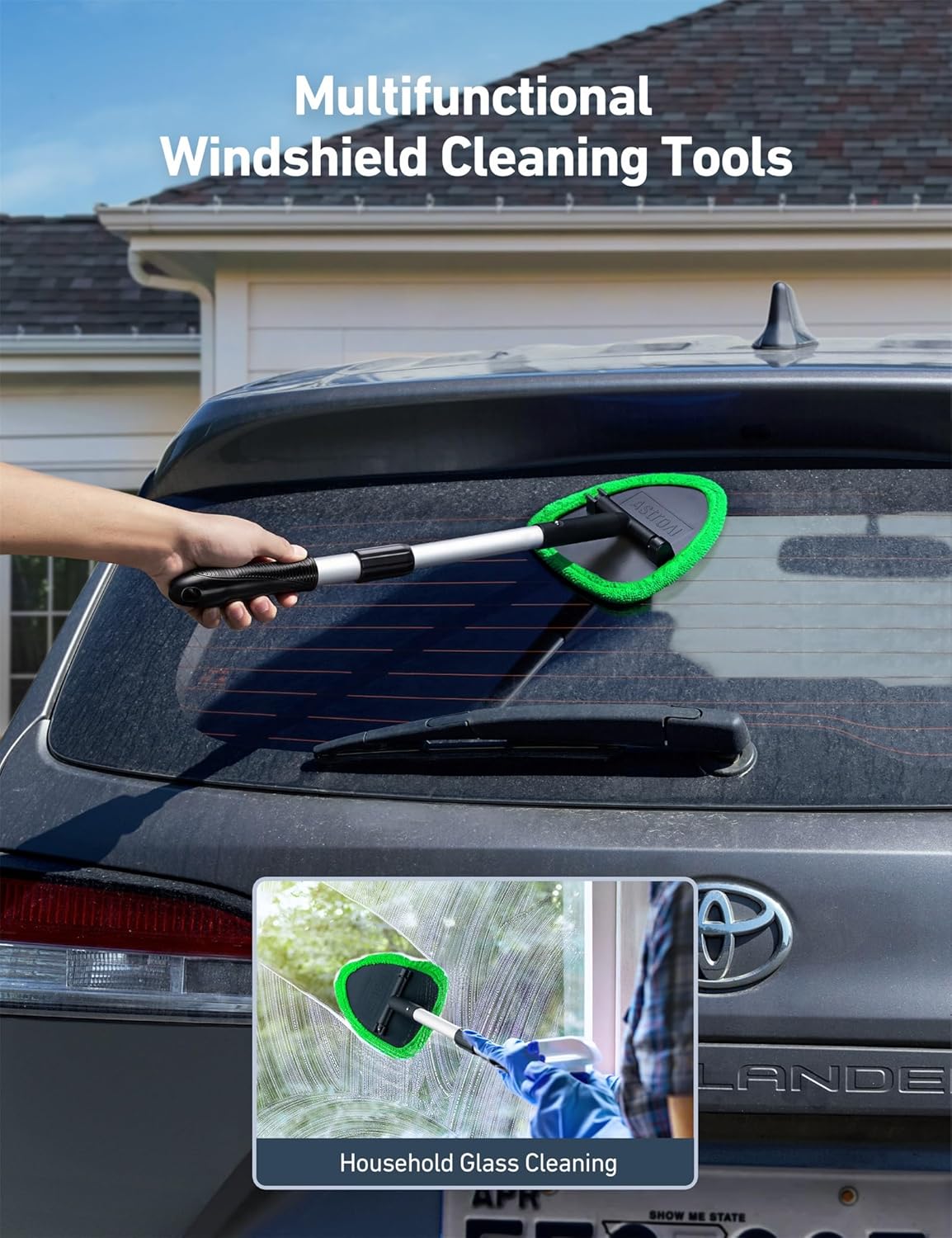 Windshield Washer Tool for Inside with 4 Reusable Washable Green Microfiber Pads