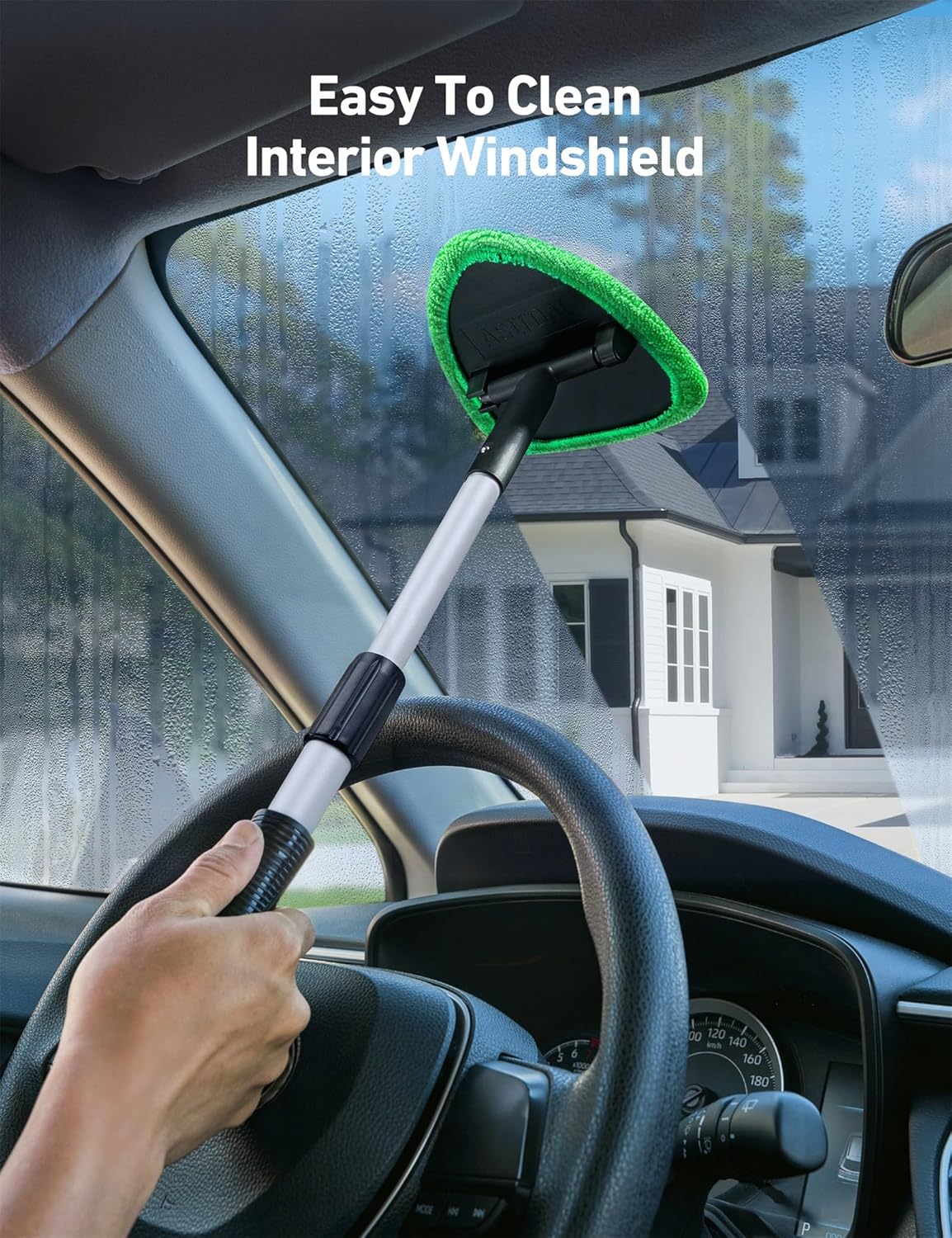 Windshield Washer Tool for Inside with 4 Reusable Washable Green Microfiber Pads