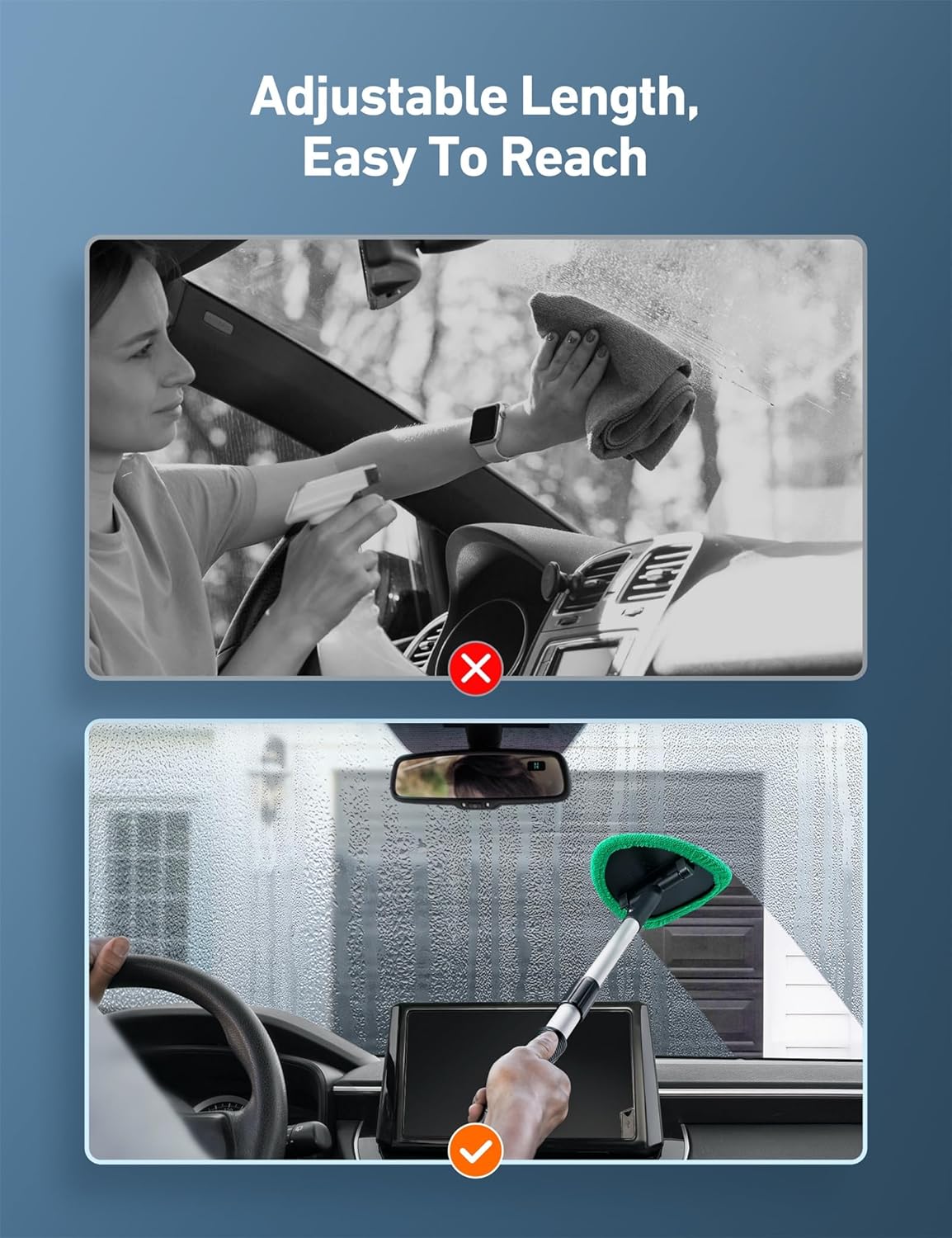 Windshield Washer Tool for Inside with 4 Reusable Washable Green Microfiber Pads