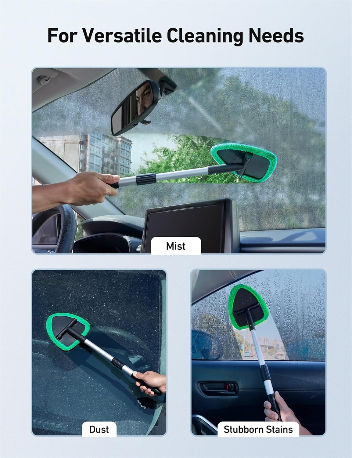 Windshield Washer Tool for Inside with 4 Reusable Washable Green Microfiber Pads