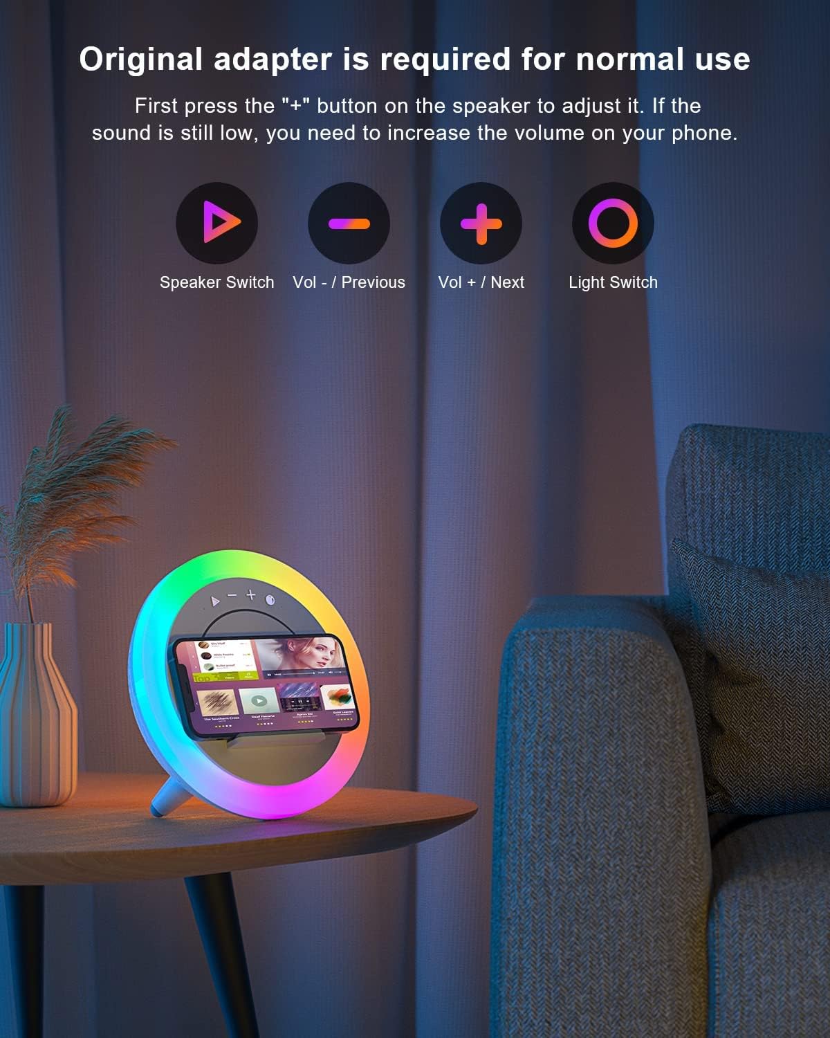 Bluetooth Speaker with Lights, Wireless Charging Speaker, Best Birthday Gift Ideas Teenage,Applicable for Bedroom/Teen Girl Gifts/Please use The Original Adapter(5W Wireless Charging)