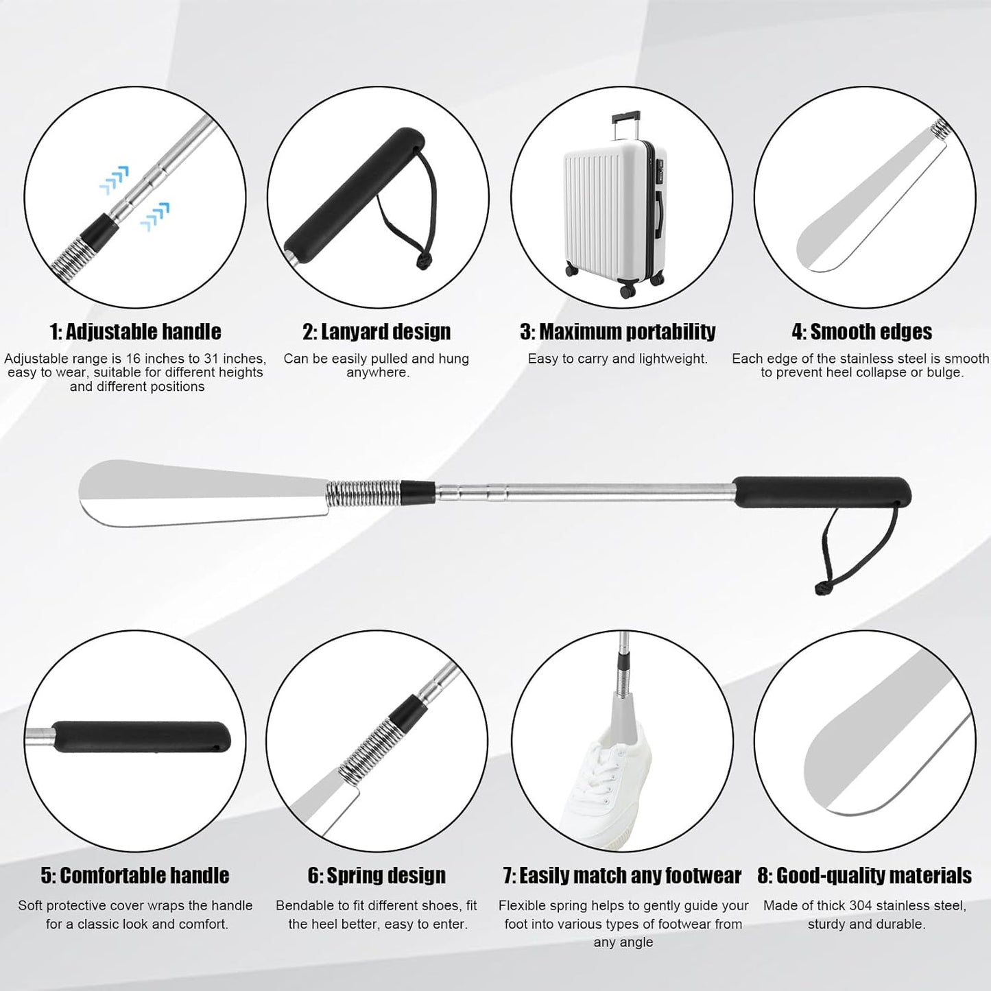 Extendable Shoe Horn, Premium Stainless Steel Adjustable Handle Shoe Lifter with Long Handle Shoehorn Telescopic Travel Shoe Helper Shoe Aid Tools for Women Men Seniors