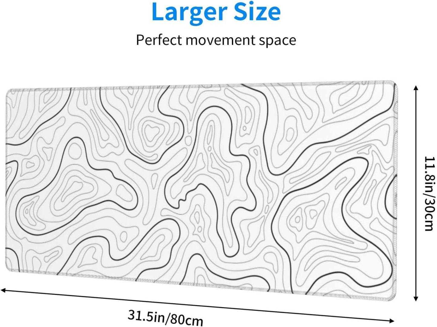 Abstract Topographic Map White Grey Black Gaming Mouse Pad Long Mouse Pad Large Desk Mat 31.5 X 11.8 Inch Mousepad with Non-Slip Base Stitched Edge Keyboard Mat for Gaming Office  Light Grey White