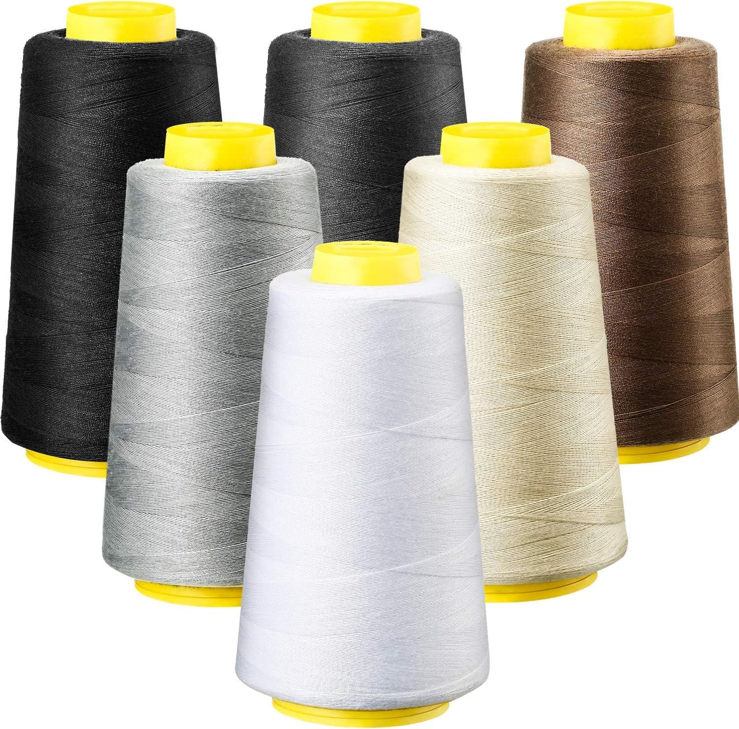 6 Rolls 3000 Yard Each Serger Thread Polyester Cones Spool Thread for Sewing Serger Overlock Quilting Sewing Machine (Black, White, Beige, Grey, Dark Grey, Coffee)  Black, White, Beige, Grey,