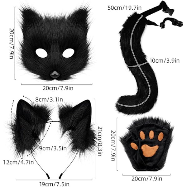 Plush mask with fox tail and ears set, cat tail fox costume cosplay costume with cat ears and paw gloves halloween cosplay brown High quality () brown