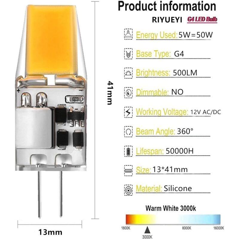 G4 LED Bulbs 6-Pack 5W Warm White 3000K Compatible with Halogen AC/DC 12V No Flicker 360° Beam Angle