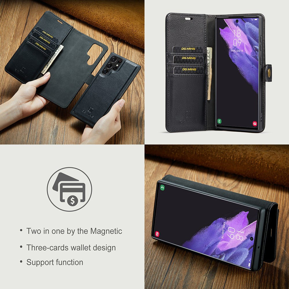 DG.MING Magnetic Wallet Case Compatible withSamsung Galaxy S22 Ultra Black 2-in-1