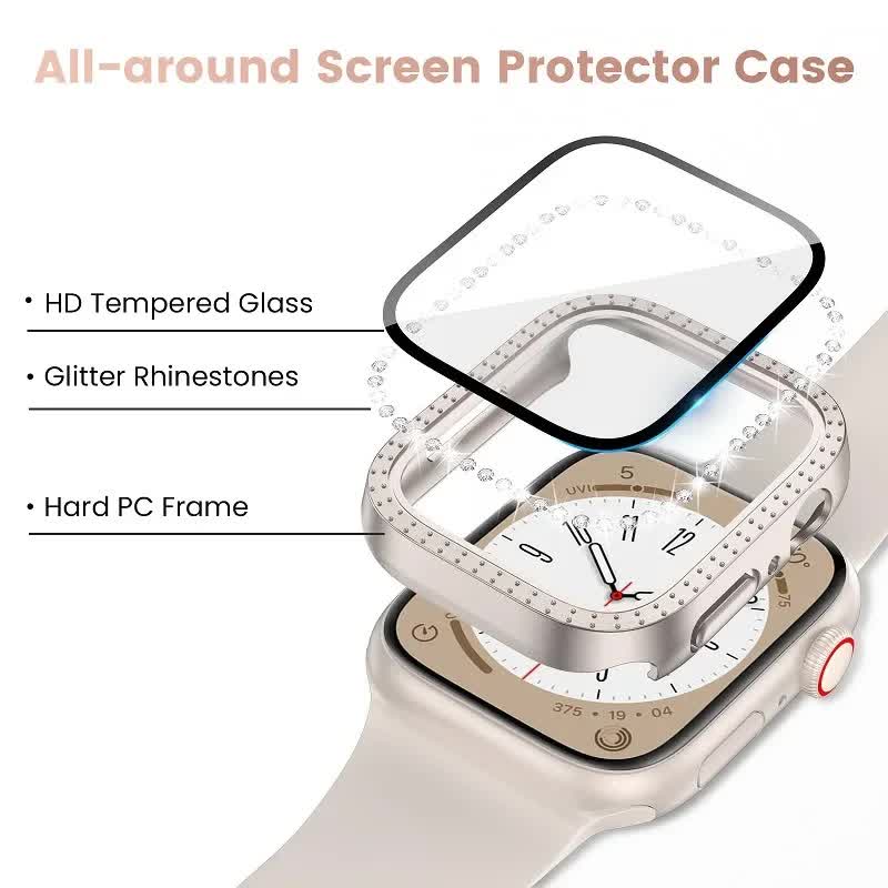 Diamond Glass Bling Bumper Case with Screen Protector Compatible with Apple Watch Series 9 8 7 6 SE 3 45mm 44mm 42mm 41mm 40mm 38mm Red