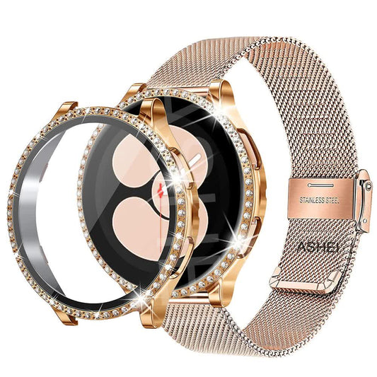 Stainless Steel Bracelet Compatible withSamsung Galaxy Watch 4 5 6 40mm 44mm Mesh Loop Bling Case Gold Set
