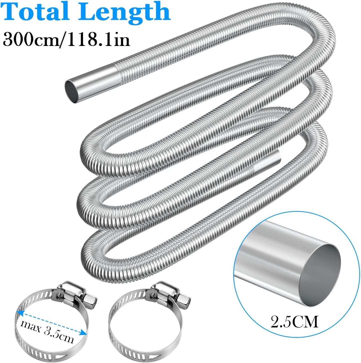 Stainless Steel Air Heater Hose 300cm Ø 2.5cm Exhaust Pipe with 2 Clamps for Parking Heater