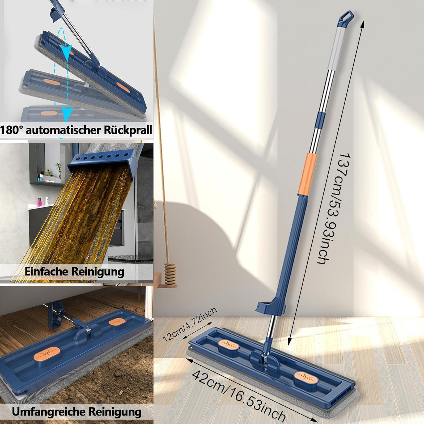 360 Degree Rotatable Mop for Hardwood Floors, Compatible with Microfiber Pads, Blue + 2 Pads
