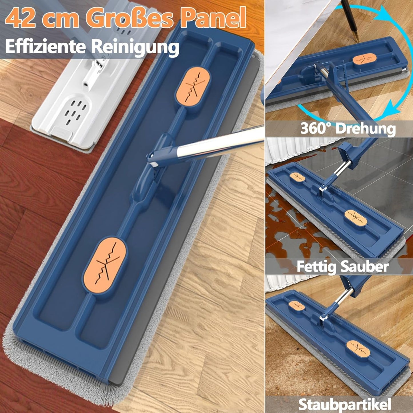 360 Degree Rotatable Mop for Hardwood Floors, Compatible with Microfiber Pads, Blue + 2 Pads