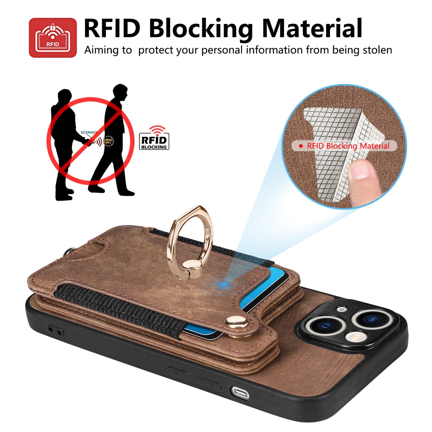 Leather RFID Anti-Theft Phone Case with Strap Compatible with iPhone 15 Pro Max Black Card Holder Loop Buckle