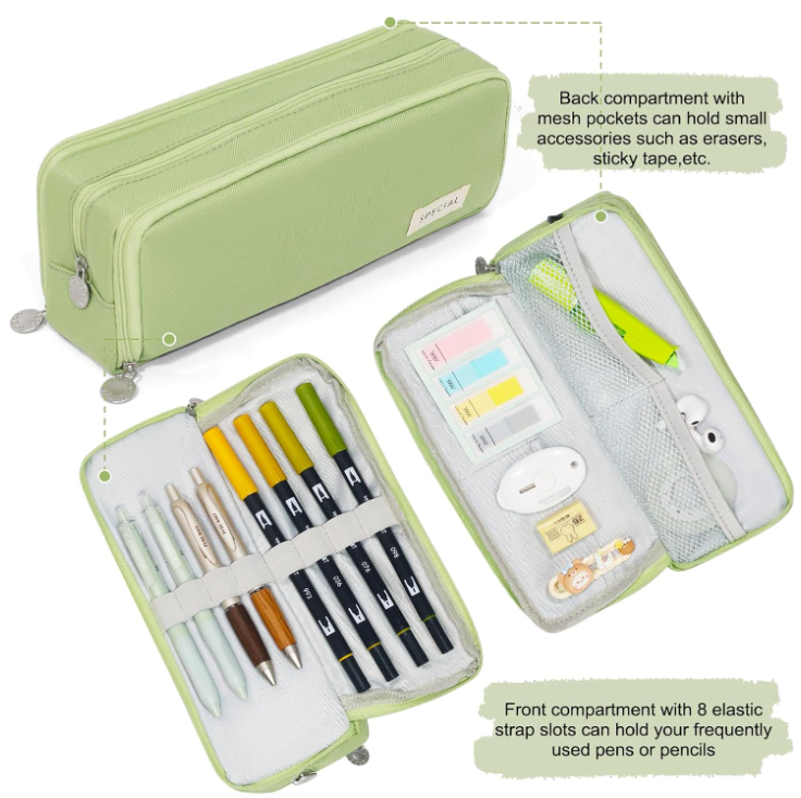Large Capacity Pencil Case 3 Compartment Pouch Pen Bag for School Teen Girl Boy Men Women (Green)