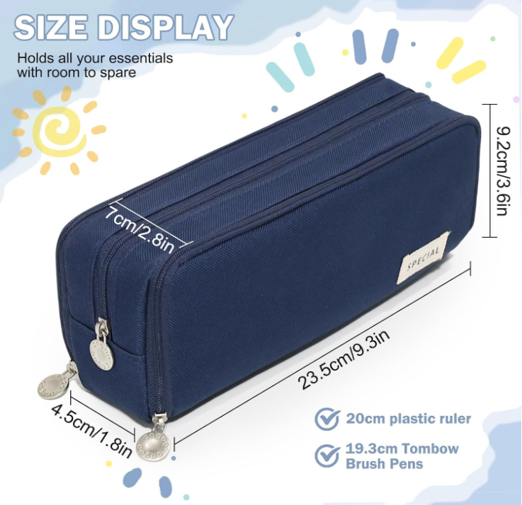 Large Capacity Pencil Case 3 Compartment Pouch Pen Bag for School Teen Girl Boy Men Women (Navy)