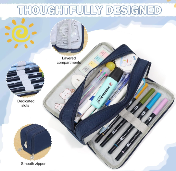 Large Capacity Pencil Case 3 Compartment Pouch Pen Bag for School Teen Girl Boy Men Women (Navy)