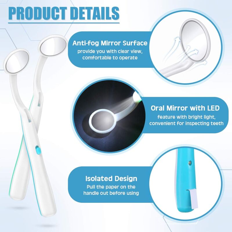 Dental Mirror With Light 2 Pieces Mouth Mirror Dental Inspection Mirror Oral Mirror With LED Light Battery Included,