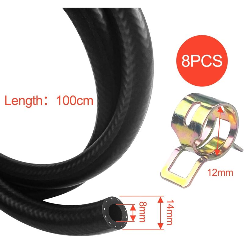 1 Meter Fuel Hose, 8Mm Inner Diameter Diesel Hose, Fuel Pipe With 8 pcs Hose Clamps, Fuel Line For Truck, Car, Tractor