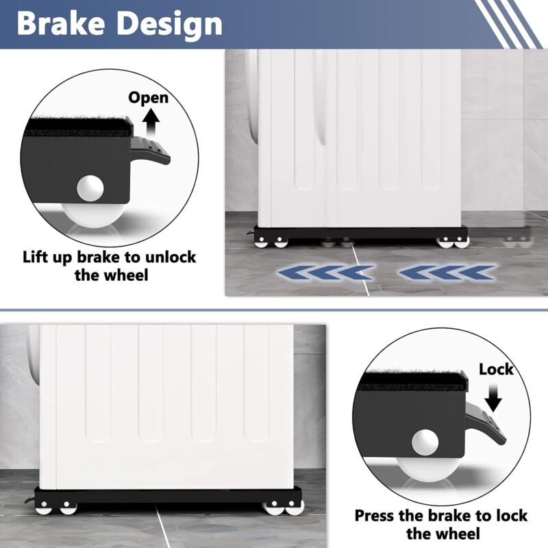 Washing Machine Base With Brake, Adjustable Mobile Base For Washing Machine, Dryer, Refrigerator, Load 300Kg, Black