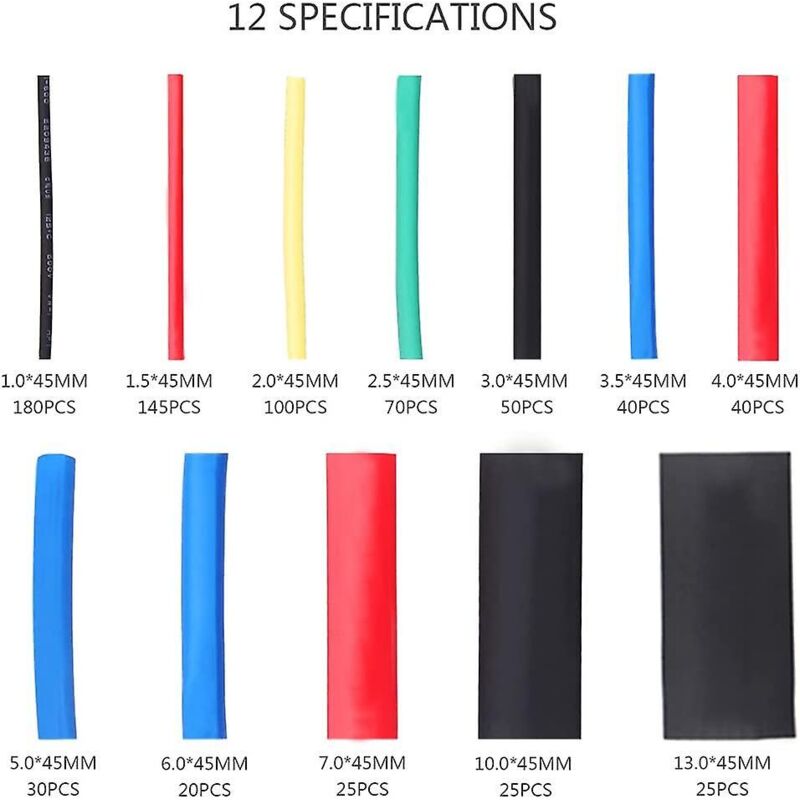 Heat Shrink Tubing, Electrical Insulation Heat Shrinkable Wrap Cable Tube, 2:1 Shrink Ratio, 5 Colors, 12 Sizes 750