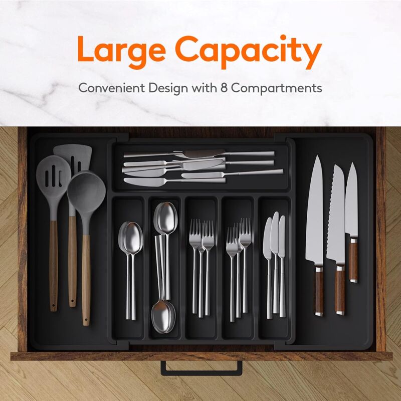 Cutlery Tray, Expandable Utensil Tray For Drawer, Adjustable Drawer Organizer For Kitchen, Compact Plastic Storage For