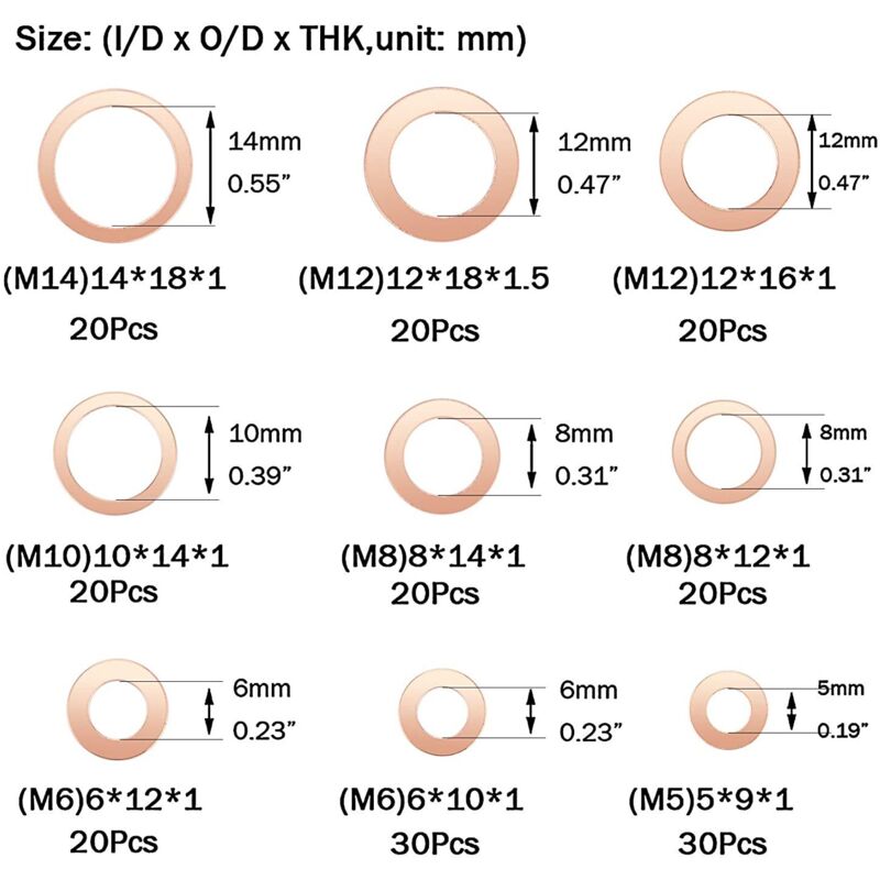 Copper Metal Washers, Gaskets Sealing Ring, Flat Washers, O-Ring With Box For Sealing - 200 pcs/M5 M6 M8 M10 M12 M14