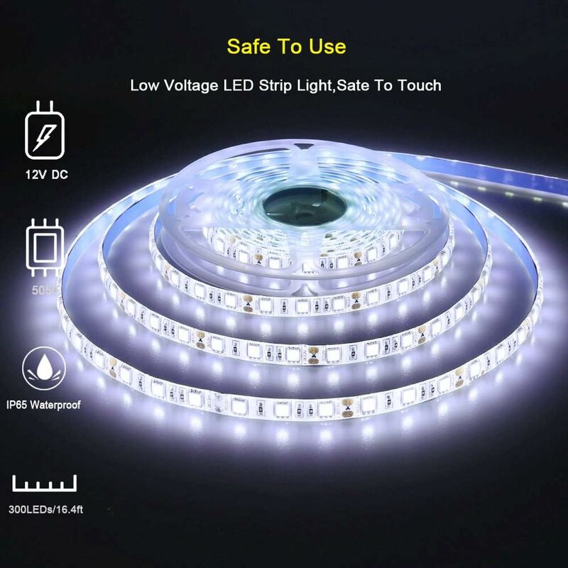 12V LED Strip Light Cool White 6500K, 5 Meters Flexible 300 LEDs 5050 Smd Ip65 Waterproof LED Strip [Energy Class A]