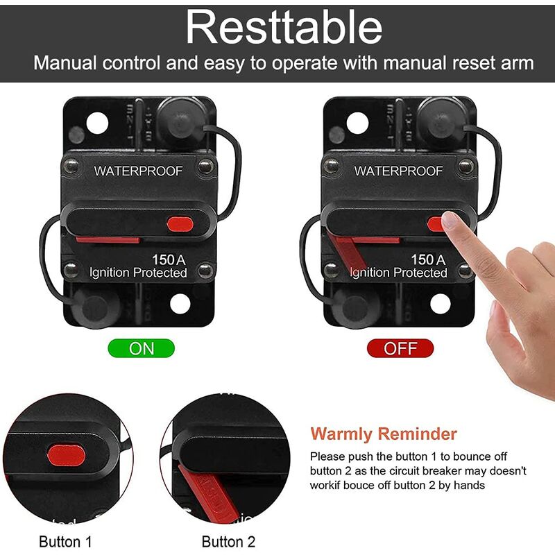 Car Circuit Breaker 30A - 150A, Dc 12V - 48V Waterproof Circuit Breaker With Manual Reset For Auto Car Marine Boat Bike