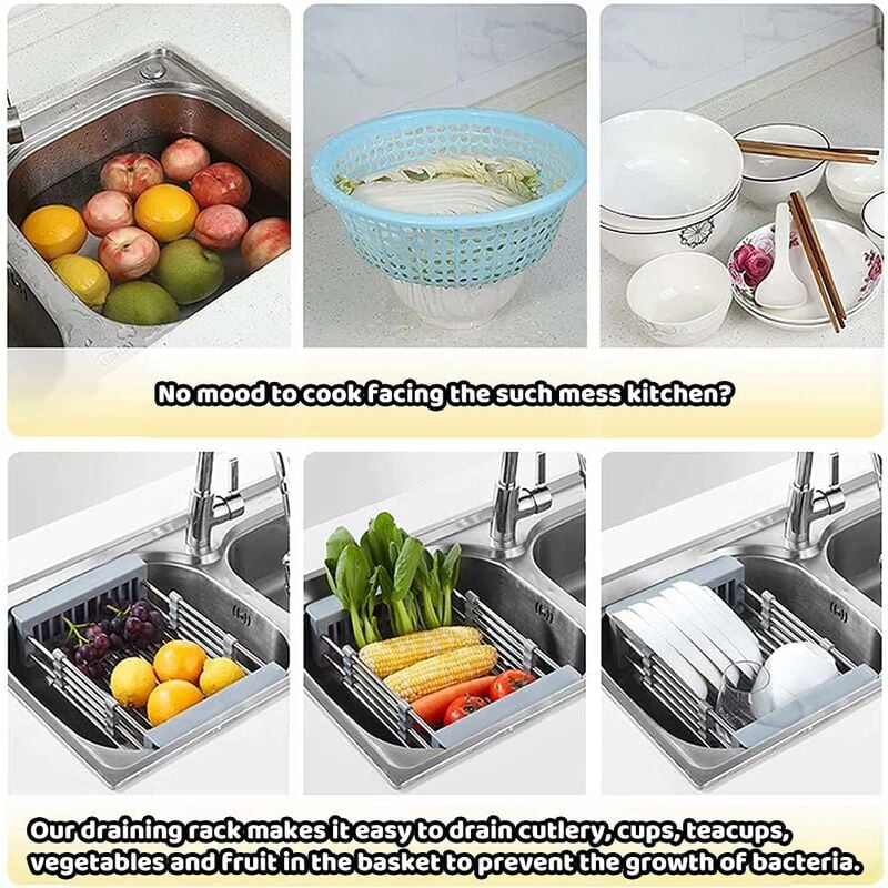 Extendable Sink Drainer, Adjustable Dish Drainer, Stainless Steel Adjustable Dish Drainer, Telescopic Drain Basket Dish