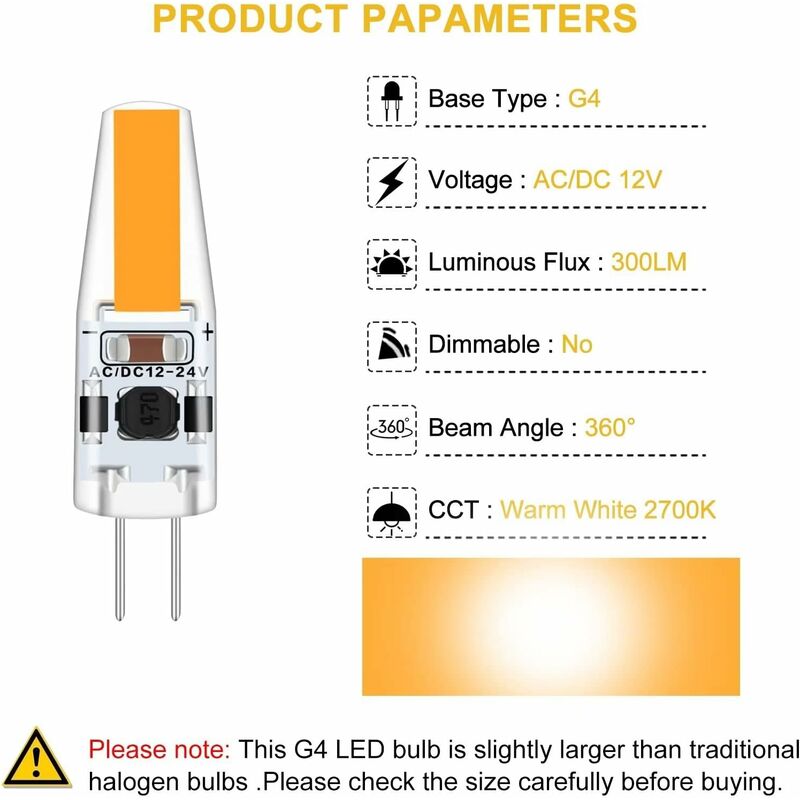 G4 LED 3W 12V Ac/Dc Light Bulbs, G4 3W LED Bulbs Equivalent To 30W Halogen Bulb, 300Lm, Warm White 2700K, Non-Dimmable,
