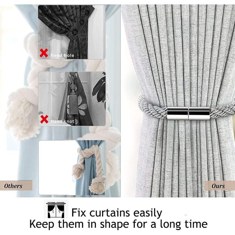 Magnetic Curtain Tiebacks, 2 Pack Modern Simplicity Curtain ROpe Tiebacks With Strong Magnet, Braided ROpe Curtain