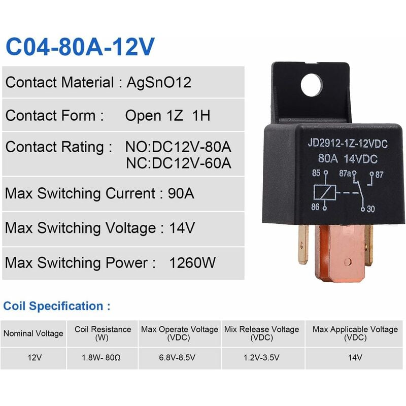 5 pcs 5 Pin Relay 12V 80A, Automotive Relay Jd2912-1Z-12Vdc 80A 14Vdc Spdt Truck Boat Van Vehicles Switch