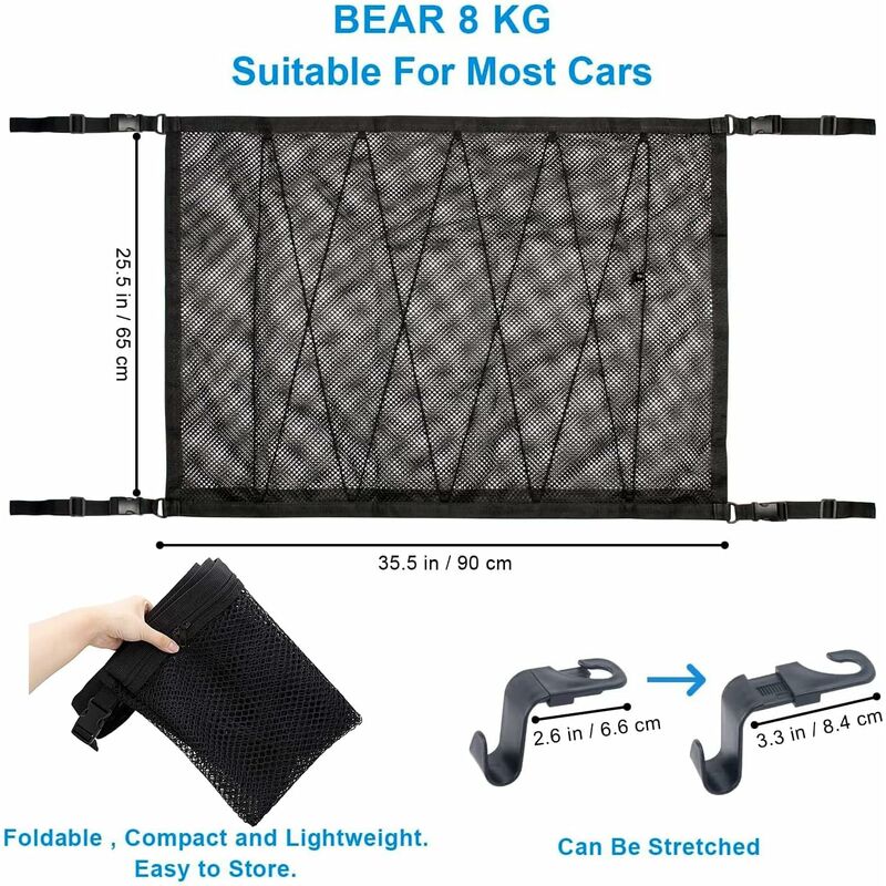 Car Storage Net 90Cmx65Cm, Multifunctional Organizer With Zipper With 2 Car Seat Hooks, Camping Car Storage Net, Car