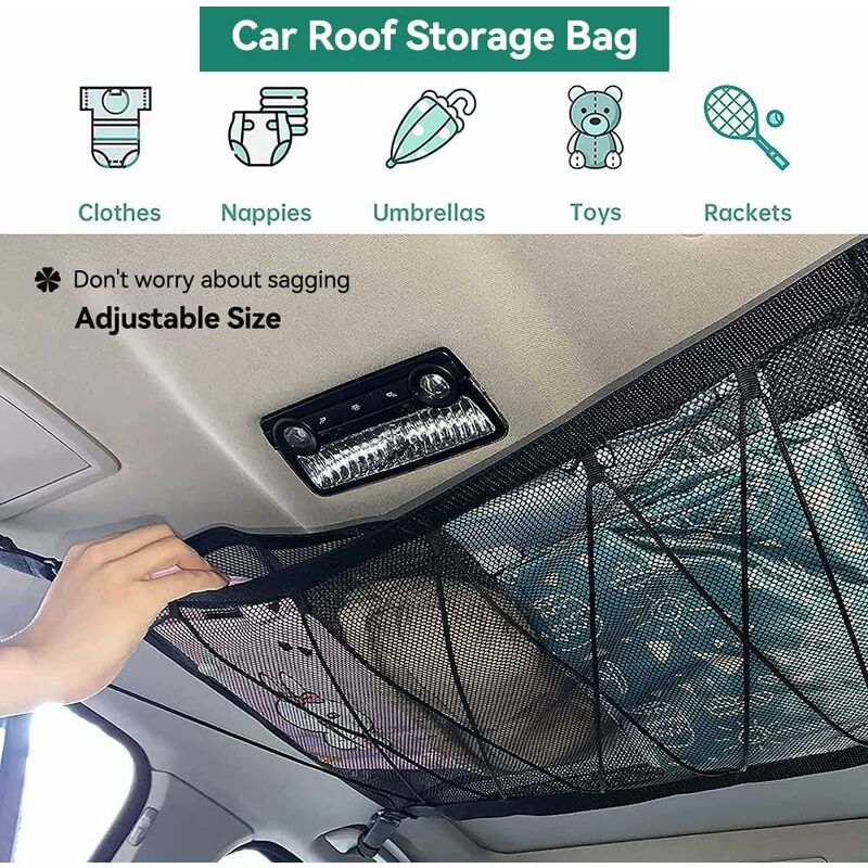 Car Storage Net 90Cmx65Cm, Multifunctional Organizer With Zipper With 2 Car Seat Hooks, Camping Car Storage Net, Car