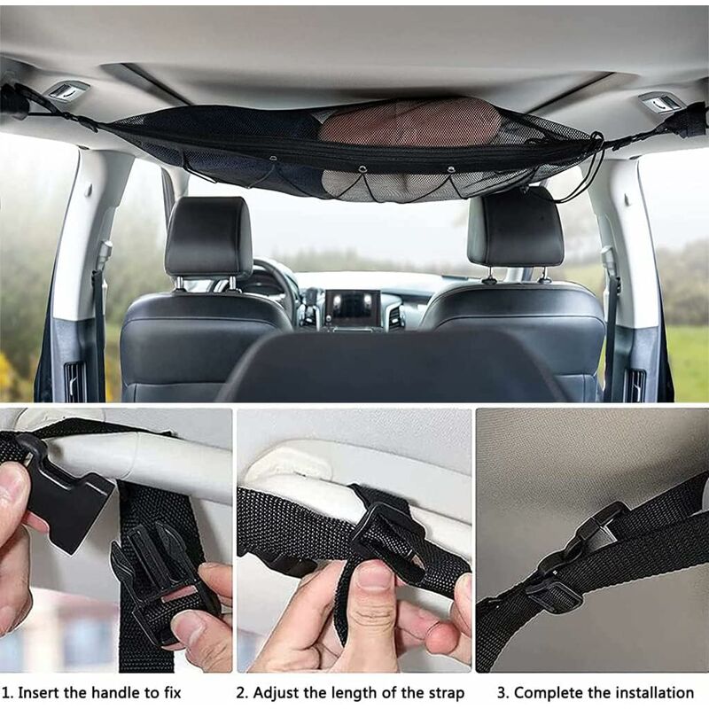 Car Storage Net 90Cmx65Cm, Multifunctional Organizer With Zipper With 2 Car Seat Hooks, Camping Car Storage Net, Car