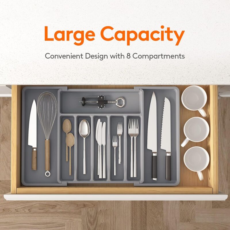 Cutlery Tray, Expandable Utensil Tray For Drawer, Adjustable Drawer Organizer For Kitchen, Compact Plastic Storage For