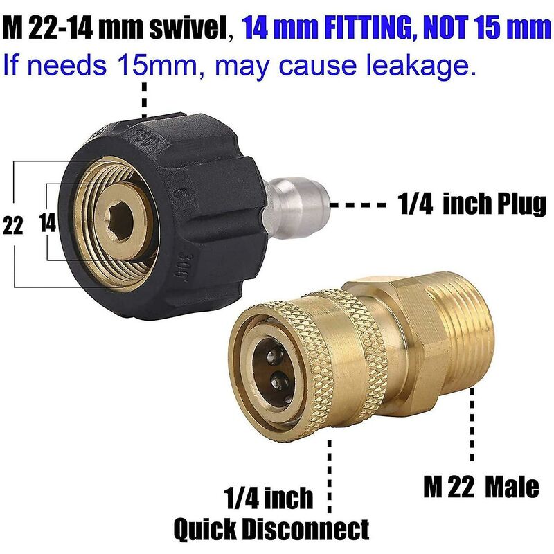 Pressure Washer Adapter Set M22 To 1/4 Inch Quick Connect Kit, M22 14Mm To 1/4 Inch Quick Connect Kit