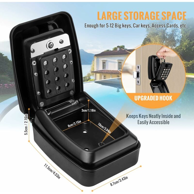 Outdoor Security Key Box, Large Wall Mounted Key Box With 12 Digit Code, Waterproof And Rustproof Security Key Box For