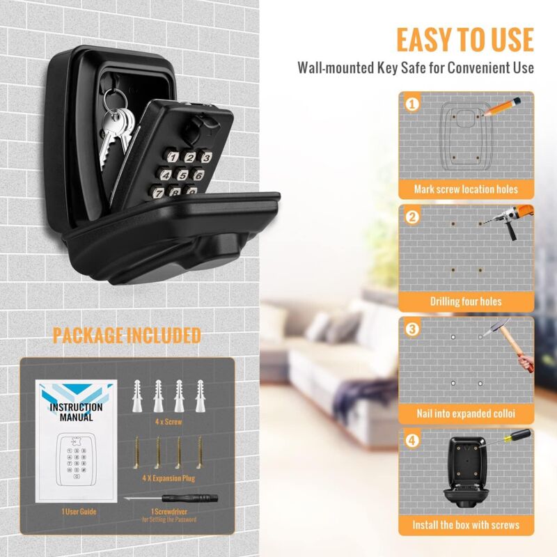 Outdoor Security Key Box, Large Wall Mounted Key Box With 12 Digit Code, Waterproof And Rustproof Security Key Box For